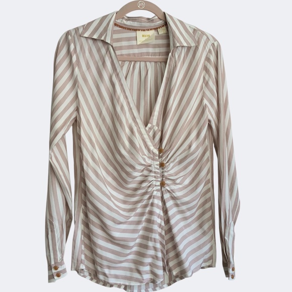 Anthropologie Maeve Mauve Ivory Surplice Wrap Draped Long Sleeve Blouse Shirt 4 - Picture 4 of 14